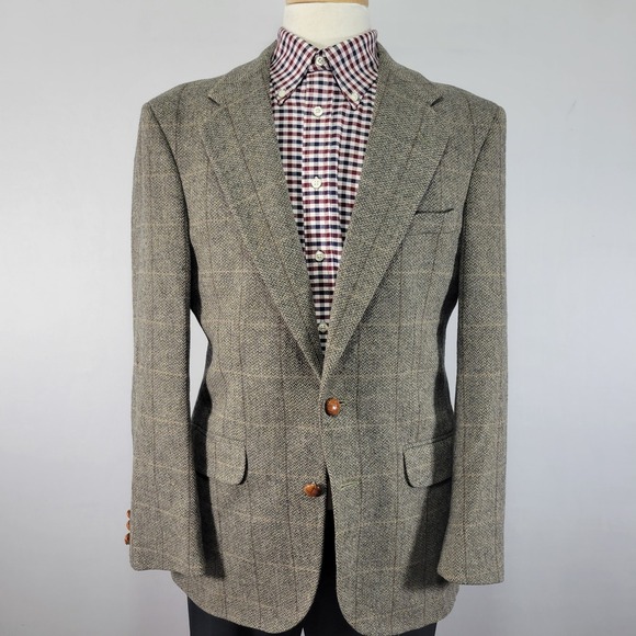 Men's Tweed Style Sport Coat Blazer Two Button Herringbone Plaid Wool‎ Size 40R